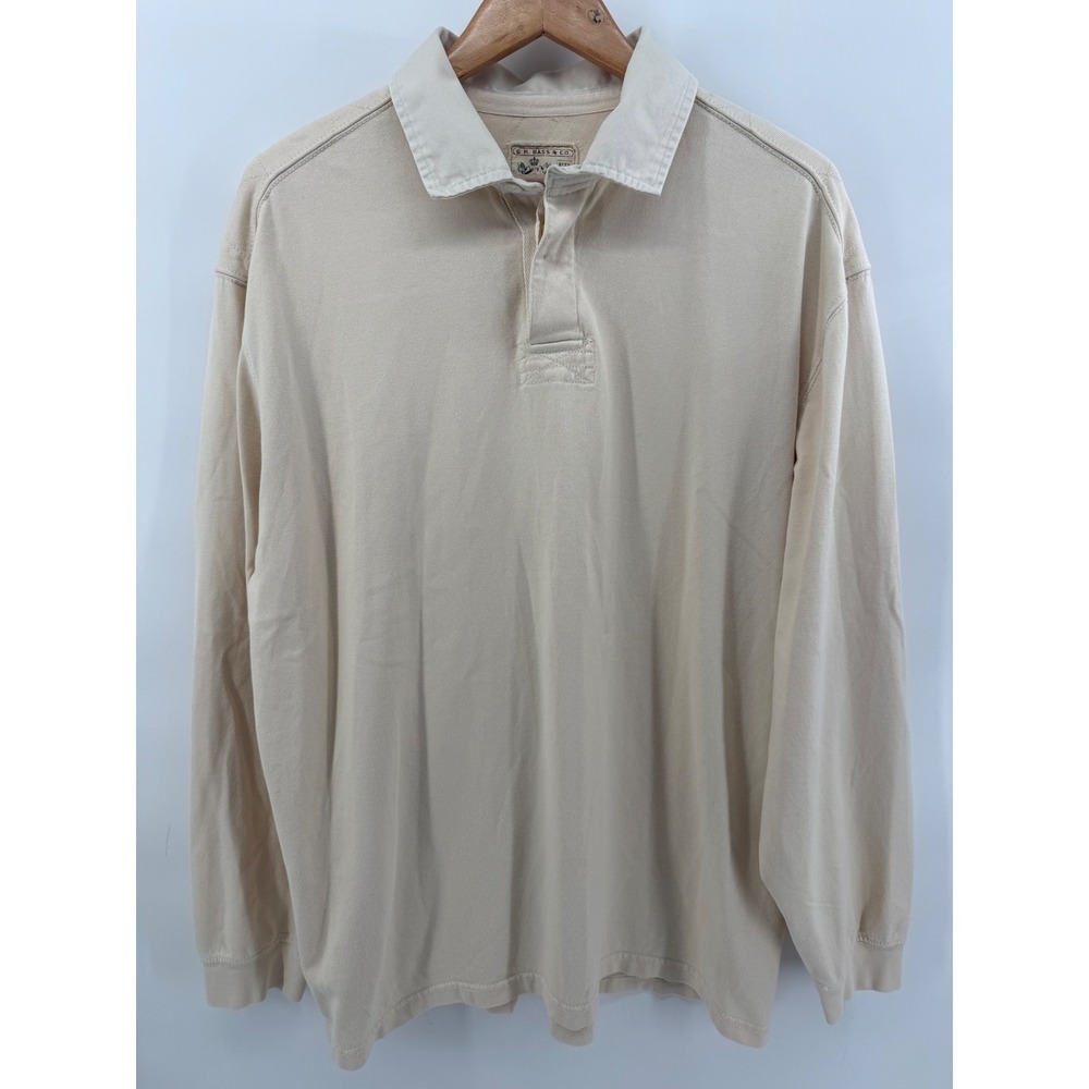 GH Bass Mens Long Sleeve Rugby Polo Shirt Size XL Beige Quilted Elbow Patches